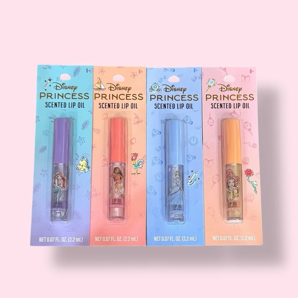 Disney Princess Scented Lip Oil Set + Blue Gingham Zipper Pouch New
